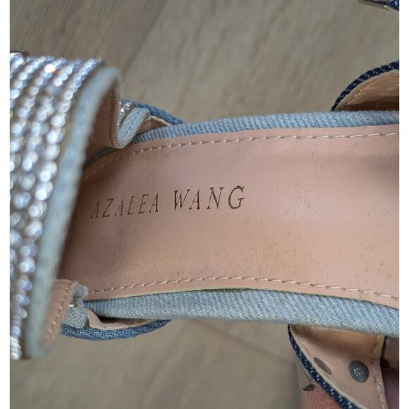 Azalea Wang Trace Heels 6 Denim Strappy Mid Calf Silver Studded Rhinestone NEW - Picture 10 of 12